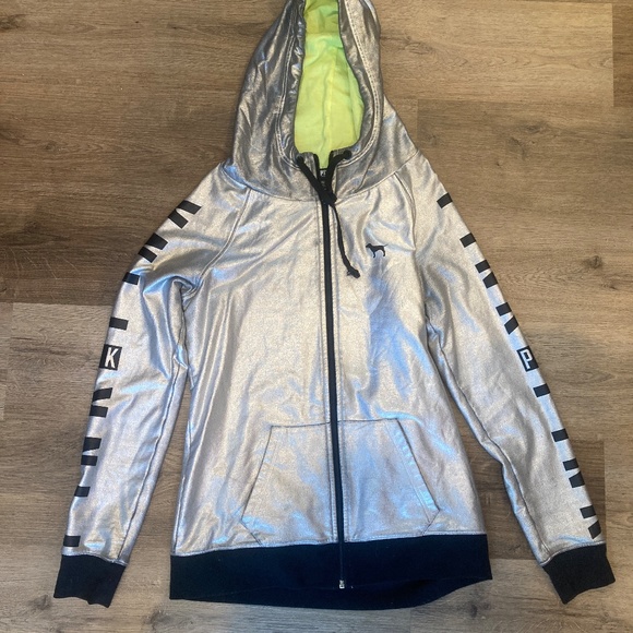 Limited Edition Victoria's Secret Pink Fashion Show Metallic Silver Hoodie S - Picture 1 of 5